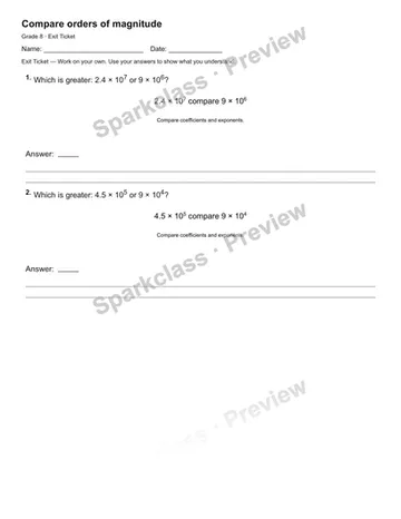 Compare orders of magnitude — Exit Ticket — Grade 8 worksheet preview