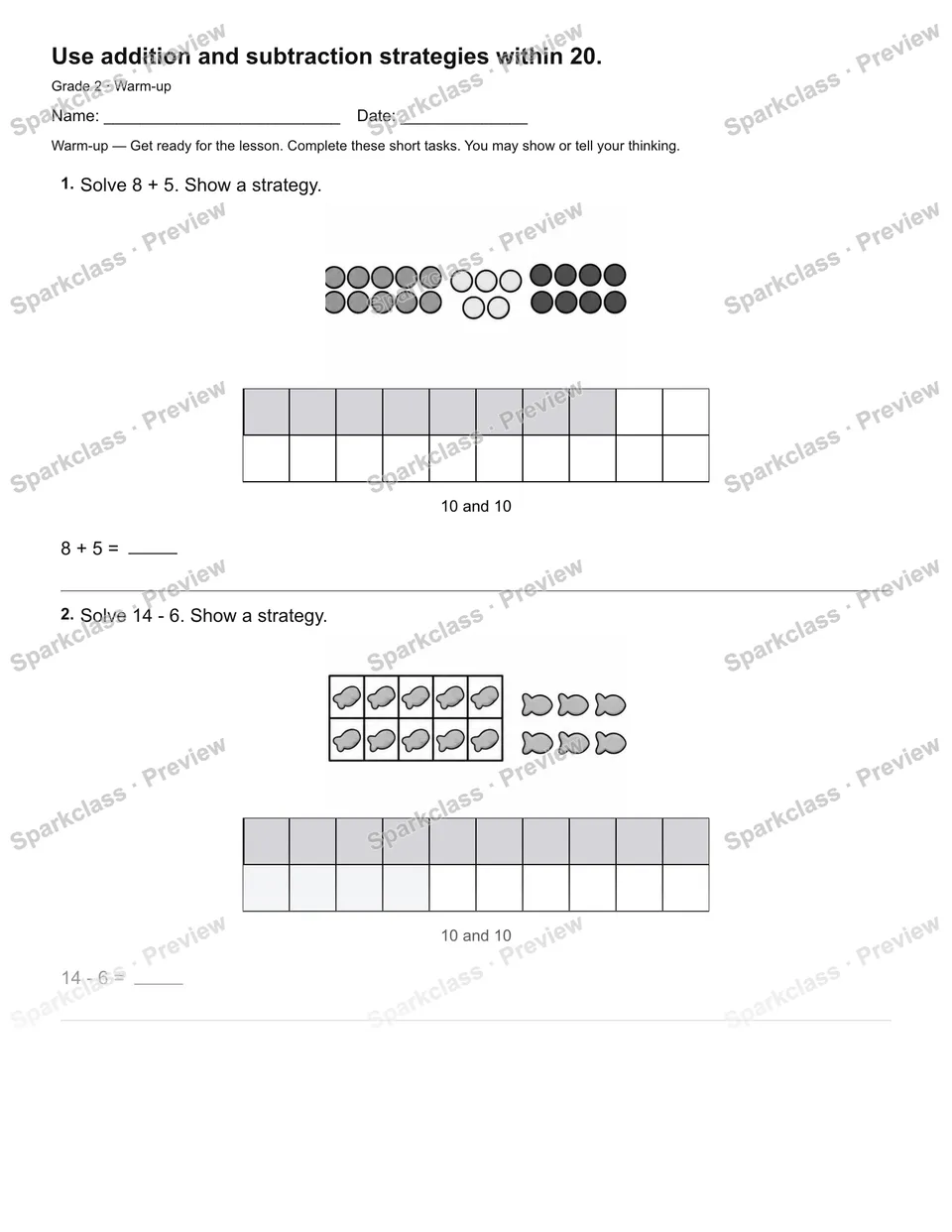 Use addition and subtraction strategies within 20. — Warm-up — page 2