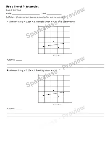 Use a line of fit to predict — Exit Ticket — Grade 8 worksheet preview