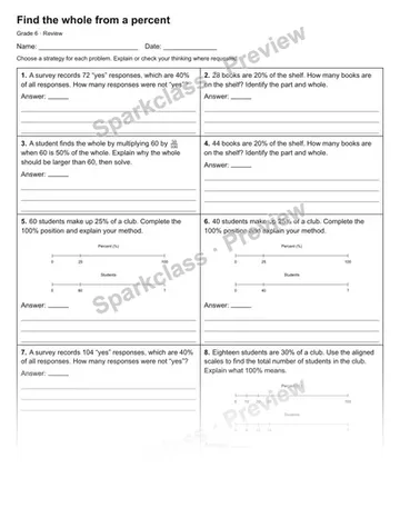 Find the whole from a percent — Review — Grade 6 worksheet preview