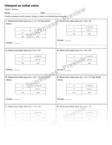 Interpret an initial value — Review — Grade 8 worksheet preview