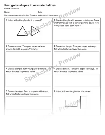 Recognize shapes in new orientations — Homework — Kindergarten worksheet preview