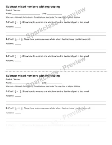 Subtract mixed numbers with regrouping — Warm-up — Grade 4 worksheet preview