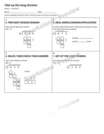 1Set up the long division — Homework — Grade 5 worksheet preview