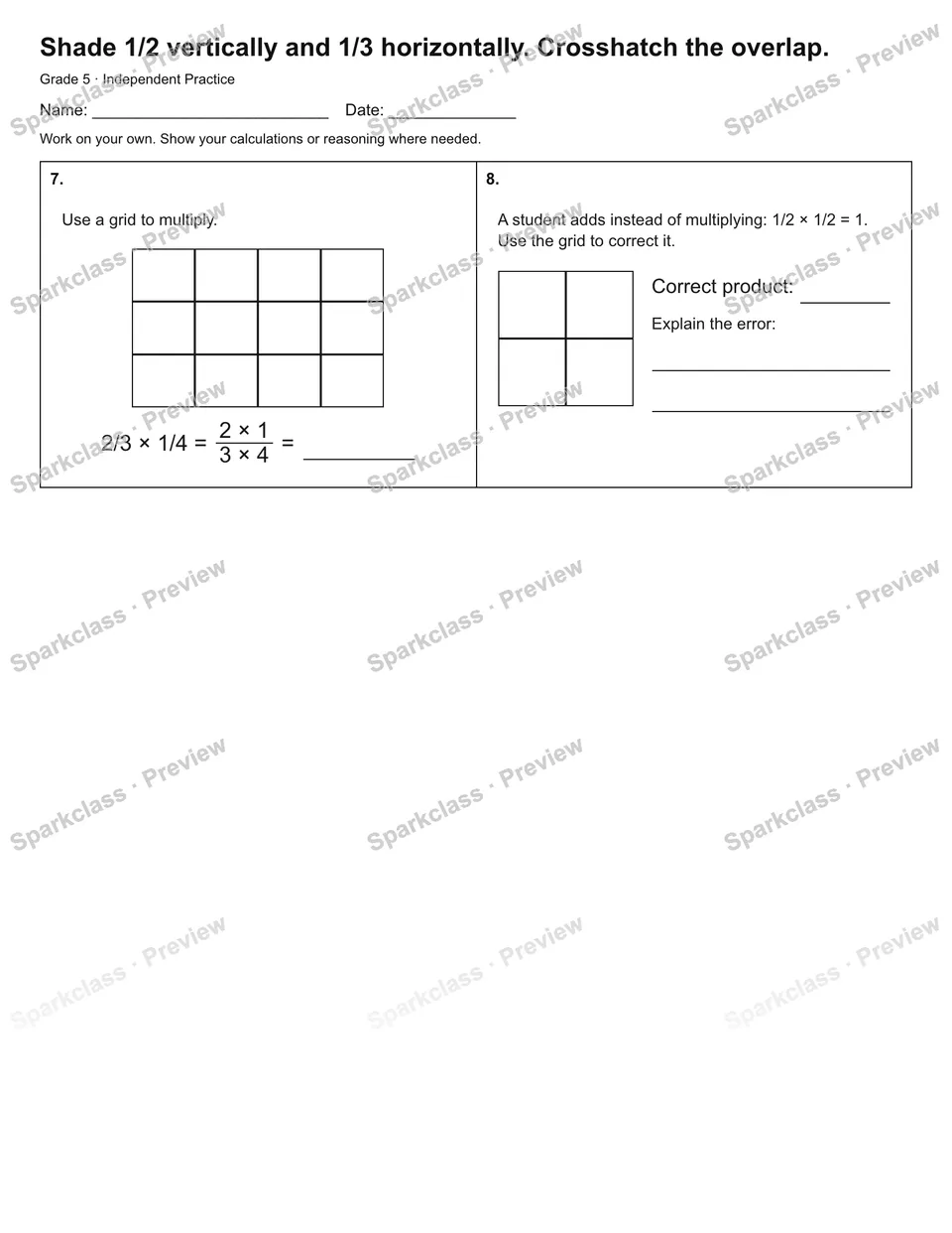 Shade 1/2 vertically and 1/3 horizontally. Crosshatch the overlap. — Independent Practice — page 2