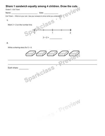 Share 1 sandwich equally among 4 children. Draw the cuts. — Exit Ticket — Grade 5 worksheet preview