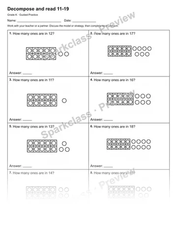 Decompose and read 11-19 — Guided Practice — Kindergarten worksheet preview