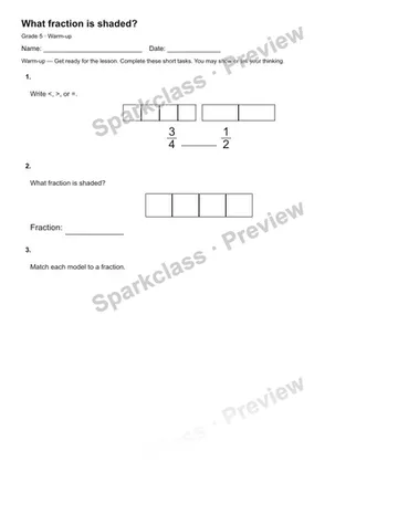 What fraction is shaded? — Warm-up — Grade 5 worksheet preview