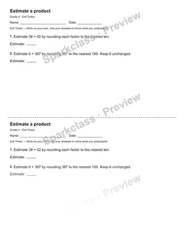Estimate a product — Exit Ticket — Grade 4 worksheet preview
