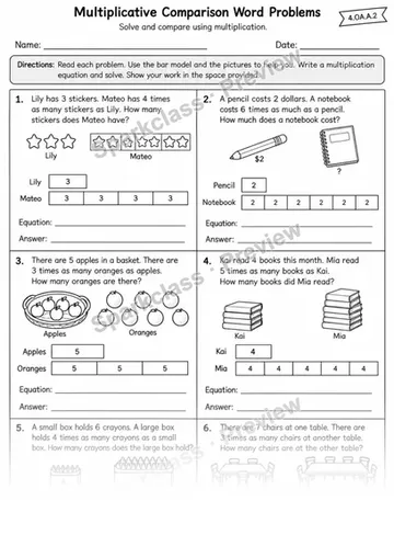 Multiplicative Comparison Word Problems — Grade 4 worksheet preview