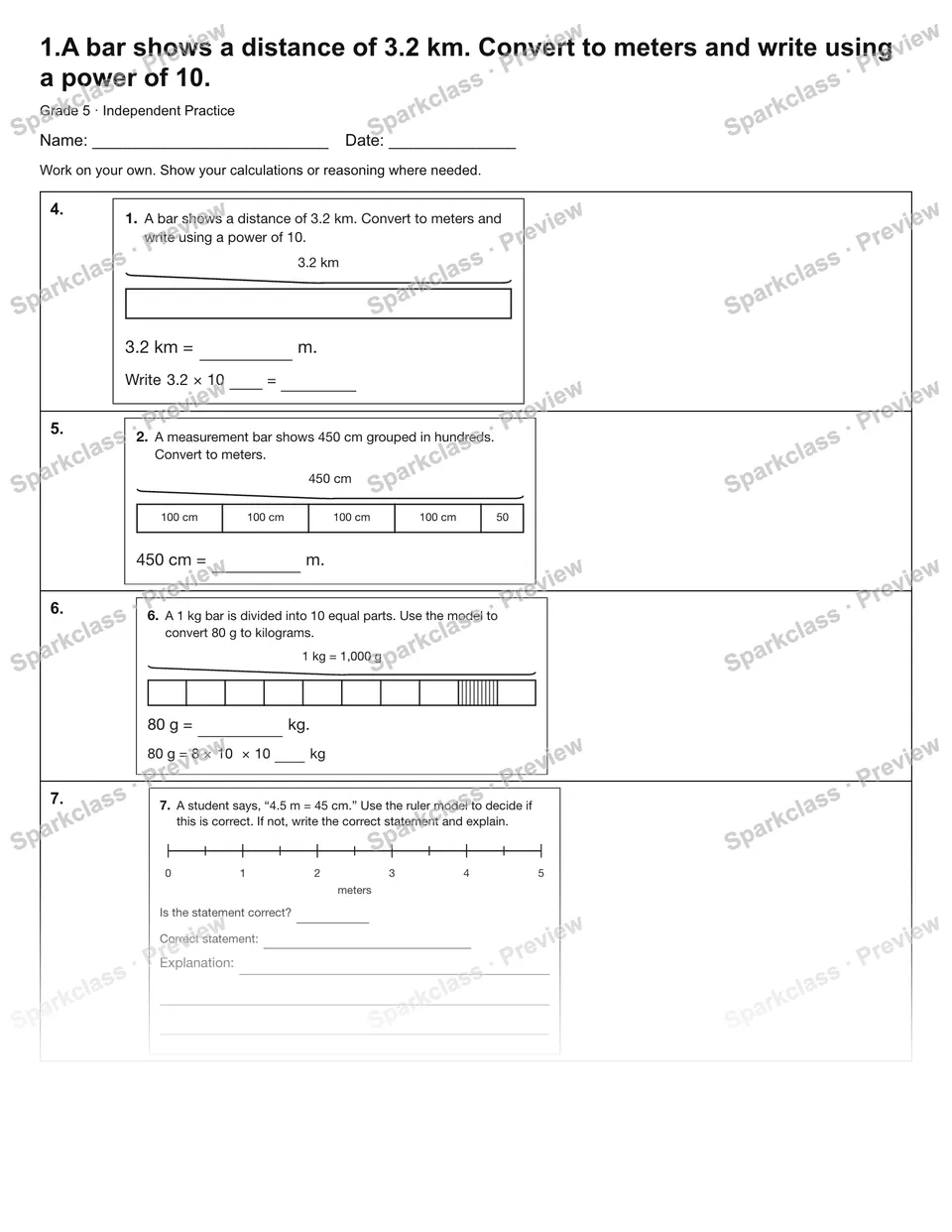 1.A bar shows a distance of 3.2 km. Convert to meters and write using a power of 10. — Independent Practice — page 2