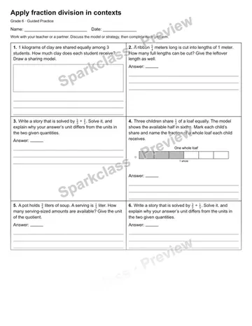 Apply fraction division in contexts — Guided Practice — Grade 6 worksheet preview