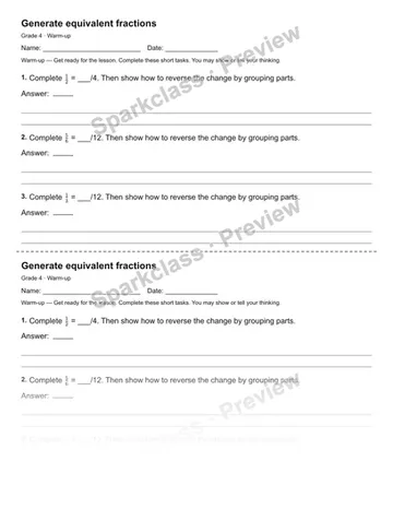Generate equivalent fractions — Warm-up — Grade 4 worksheet preview