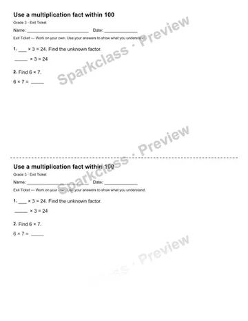 Use a multiplication fact within 100 — Exit Ticket — Grade 3 worksheet preview
