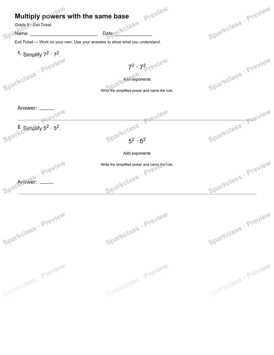 Multiply powers with the same base — Exit Ticket — page 1
