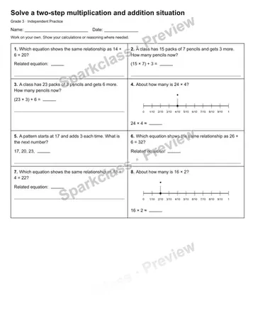 Solve a two-step multiplication and addition situation — Independent Practice — Grade 3 worksheet preview