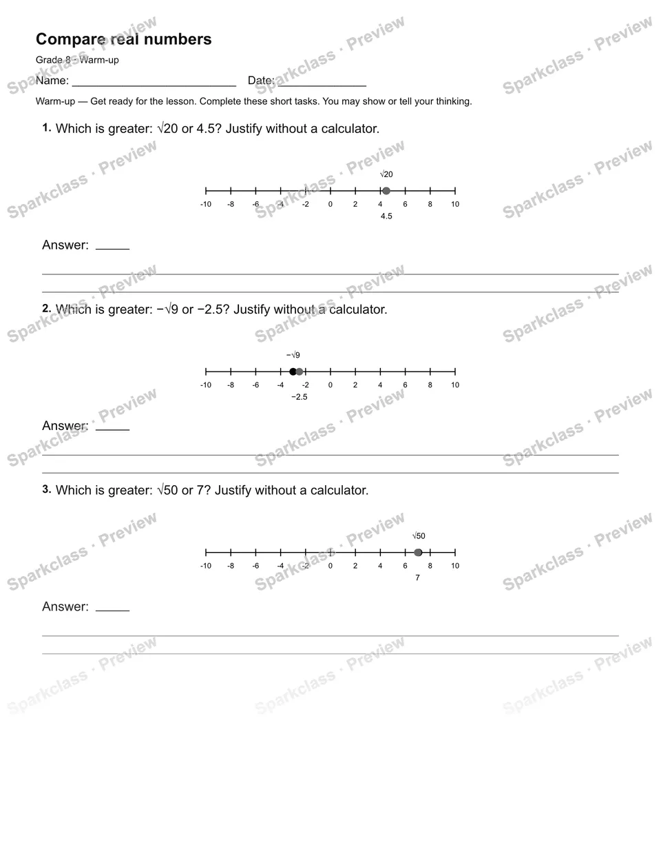 Compare real numbers — Warm-up — page 1