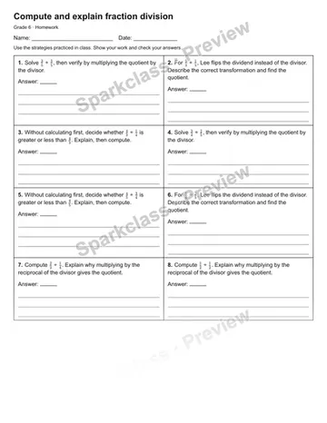 Compute and explain fraction division — Homework — Grade 6 worksheet preview