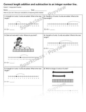 Connect length addition and subtraction to an integer number line. — Independent Practice — Grade 2 worksheet preview
