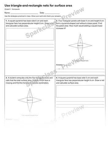 Use triangle-and-rectangle nets for surface area — Homework — Grade 6 worksheet preview