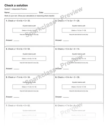 Check a solution — Independent Practice — Grade 8 worksheet preview