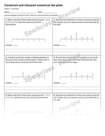 Construct and interpret numerical dot plots — Homework — Grade 6 worksheet preview