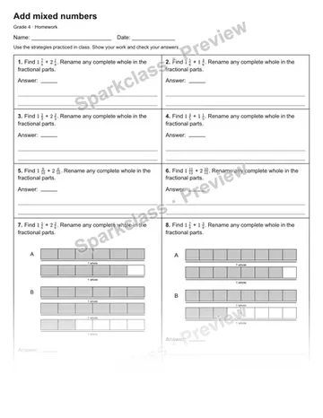 Add mixed numbers — Homework — Grade 4 worksheet preview