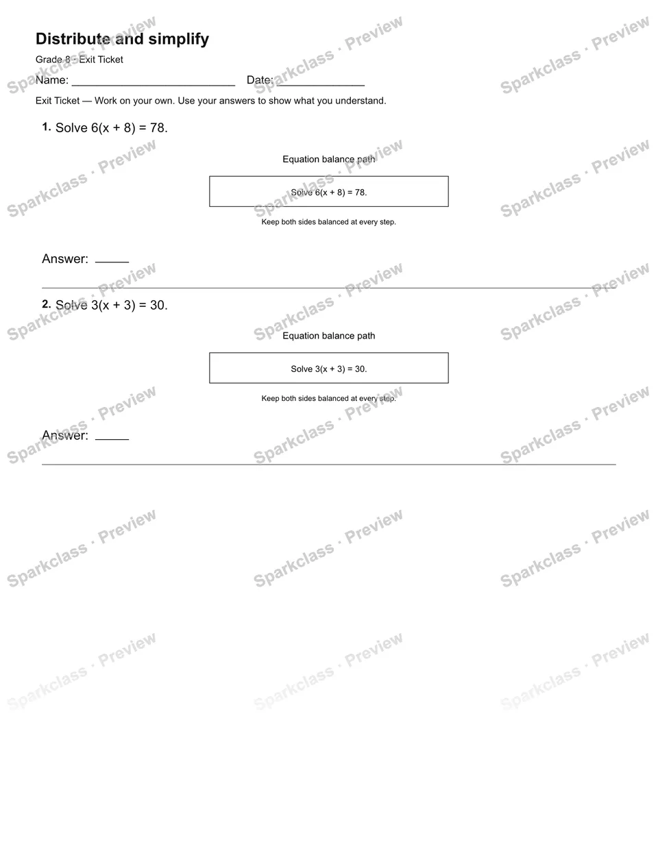 Distribute and simplify — Exit Ticket — page 2