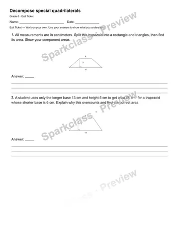 Decompose special quadrilaterals — Exit Ticket — Grade 6 worksheet preview