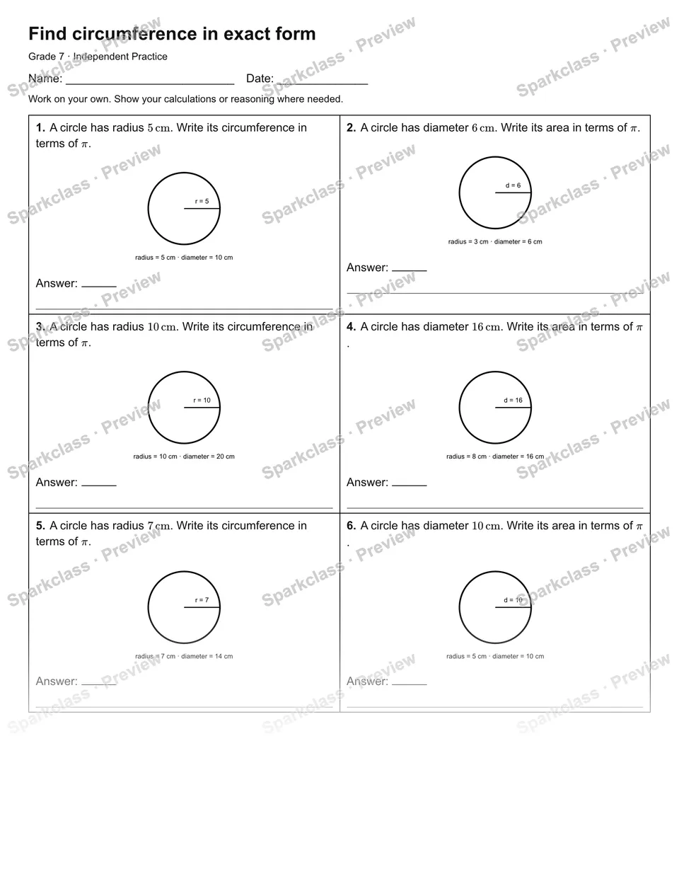 Find circumference in exact form — Independent Practice — page 1