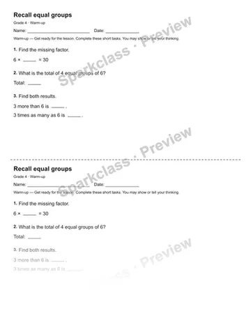 Recall equal groups — Warm-up — Grade 4 worksheet preview