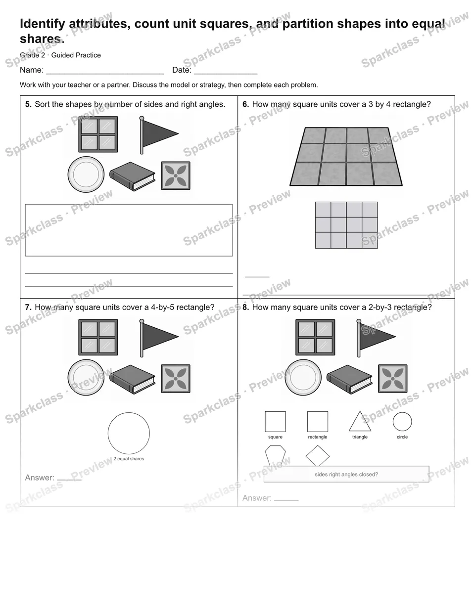 Identify attributes, count unit squares, and partition shapes into equal shares. — Guided Practice — page 2