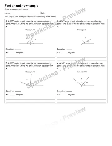 Find an unknown angle — Independent Practice — Grade 4 worksheet preview