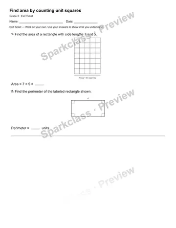 Find area by counting unit squares — Exit Ticket — Grade 3 worksheet preview