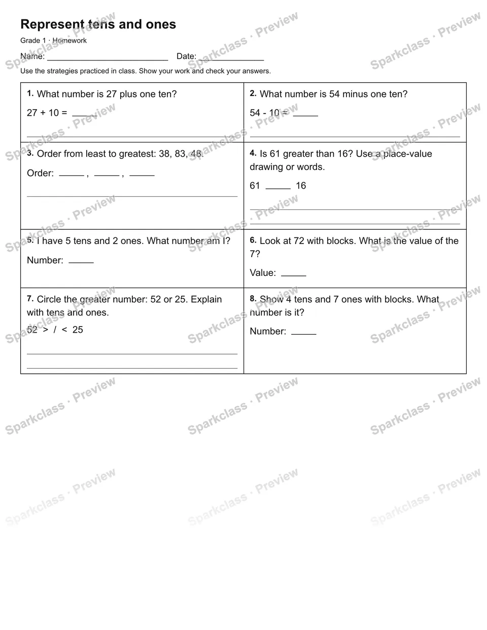 Represent tens and ones — Homework — page 1