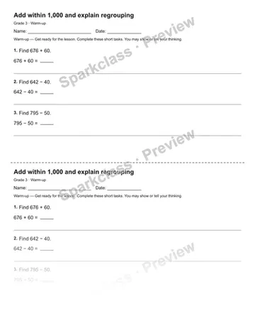 Add within 1,000 and explain regrouping — Warm-up — Grade 3 worksheet preview