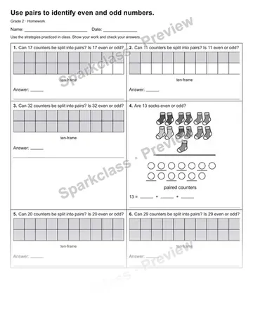 Use pairs to identify even and odd numbers. — Homework — Grade 2 worksheet preview