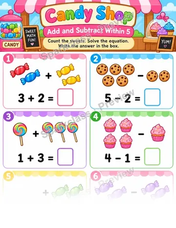 Candy Shop · Add and Subtract Within 5 — Kindergarten worksheet preview