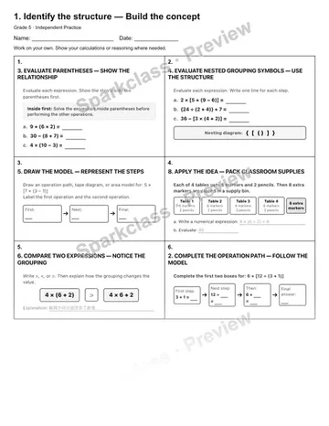 1. Identify the structure — Build the concept — Independent Practice — Grade 5 worksheet preview