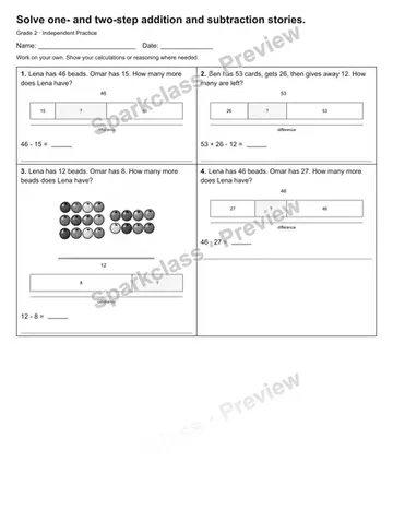 Solve one- and two-step addition and subtraction stories. — Independent Practice — Grade 2 worksheet preview