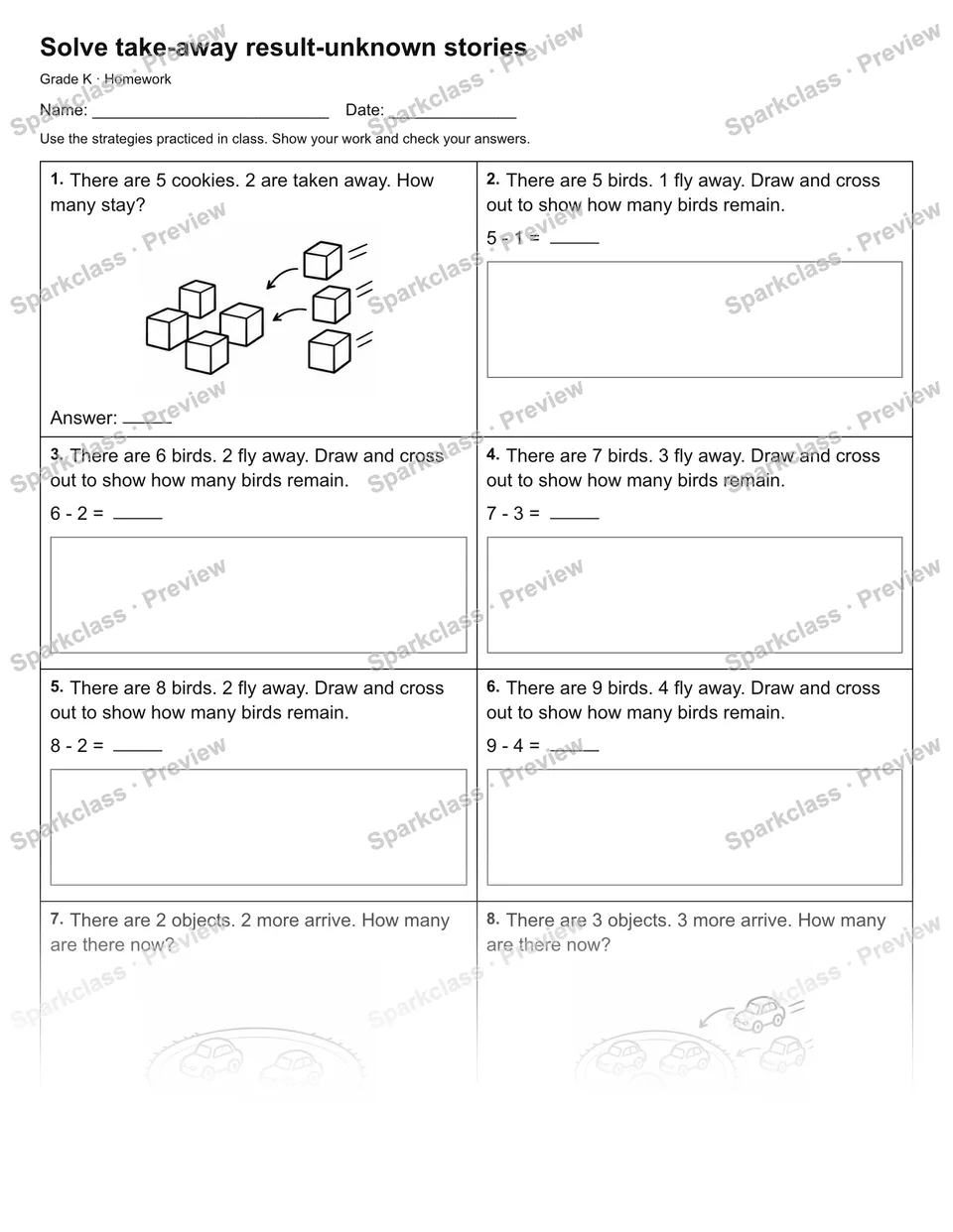 Solve take-away result-unknown stories — Homework — page 1