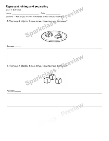 Represent joining and separating — Exit Ticket — Kindergarten worksheet preview
