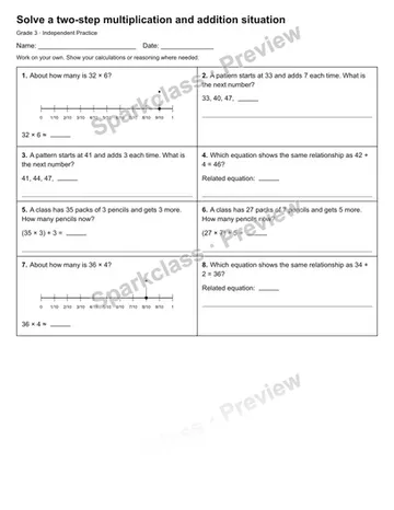 Solve a two-step multiplication and addition situation — Independent Practice — Grade 3 worksheet preview