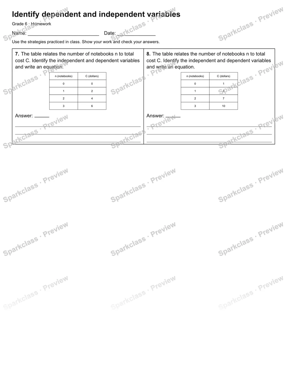 Identify dependent and independent variables — Homework — page 2