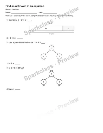 Find an unknown in an equation — Warm-up — Grade 1 worksheet preview