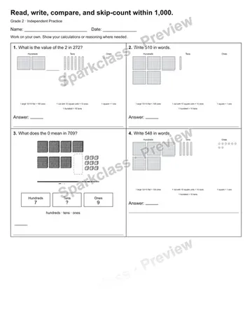 Read, write, compare, and skip-count within 1,000. — Independent Practice — Grade 2 worksheet preview