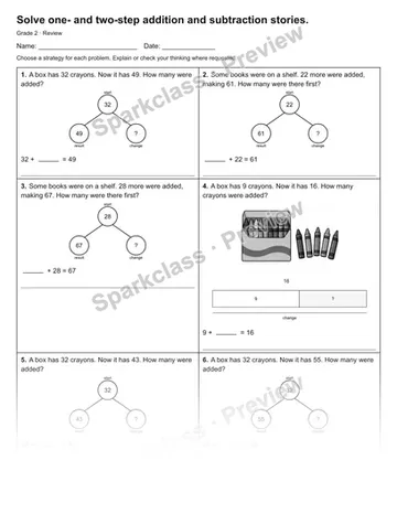 Solve one- and two-step addition and subtraction stories. — Review — Grade 2 worksheet preview