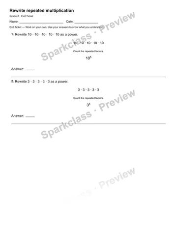 Rewrite repeated multiplication — Exit Ticket — Grade 8 worksheet preview