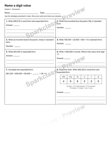 Name a digit value — Homework — Grade 4 worksheet preview