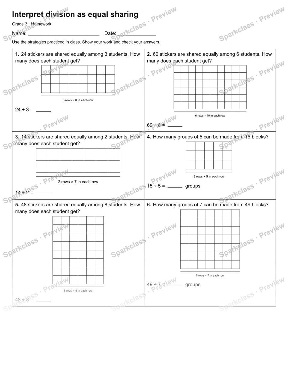 Interpret division as equal sharing — Homework — page 1